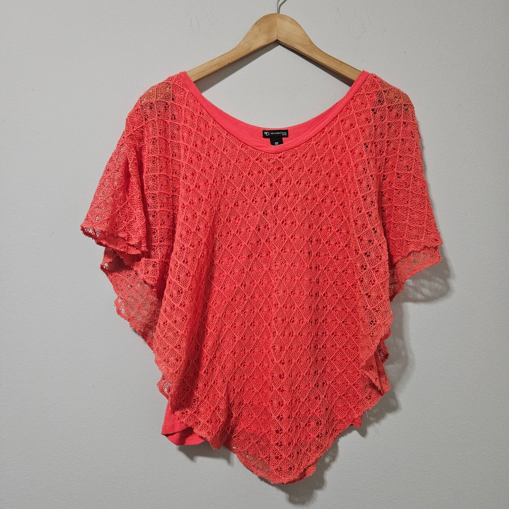 New Directions Petite Coral Pink Crochet Poncho Top PM Scoop Neck Lace‎ Overlay